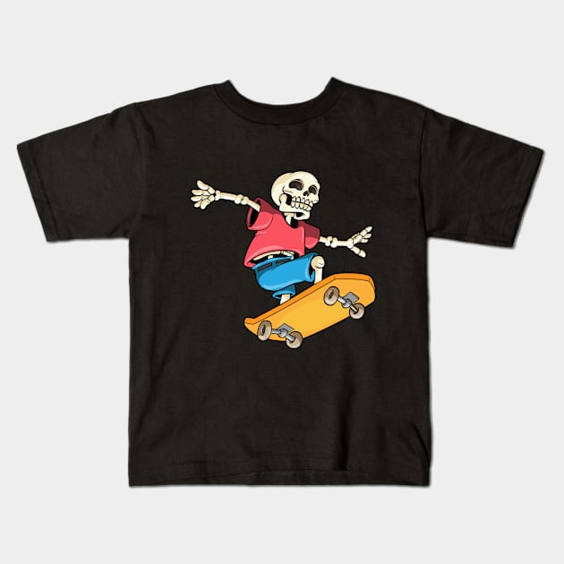 Funny skeleton is skateboarding Kids T-Shirt by Markus Schnabel